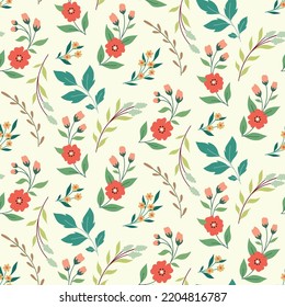 Nahtlose Blumenmuster, süßer botanischer Druck im modernen Volksstil. Abstrakte Anordnung handgezogener Wildpflanzen: Blumen, Äste und Blätter auf weißem Hintergrund. Vektorgrafik.