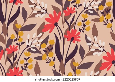 Seamless floral pattern, cute botanical print with hand drawn wild garden in natural autumn colors. Pretty flower background design with small wild flowers, herbs, leaves. Vector floral illustration.