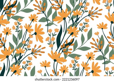 Seamless floral pattern, cute botanical print with hand drawn ornate garden in natural colors. Pretty flower design with wild plants, yellow flowers, leaves, branches on white background. Vector.