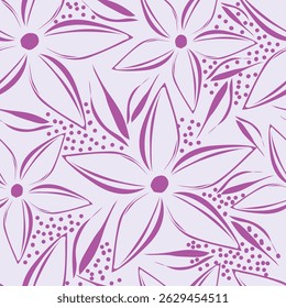 Seamless floral pattern, cute botanical print with isolated plants. Pretty flower design with hand drawn wild botany: large chamomiles, small flowers on branches, leaves on a pink background. Vector.
