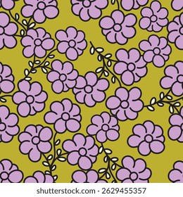 Padrão floral contínuo, impressão botânica bonito com plantas isoladas. Design de flores bonitas com botânica selvagem desenhada à mão: grandes camomilas, pequenas flores em ramos, folhas em um fundo rosa. Vetor.
