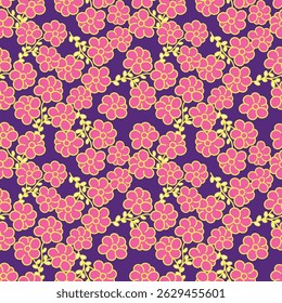 Seamless floral pattern, cute botanical print with isolated plants. Pretty flower design with hand drawn wild botany: large chamomiles, small flowers on branches, leaves on a pink background. Vector.
