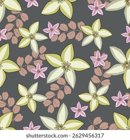 Seamless floral pattern, cute botanical print with isolated plants. Pretty flower design with hand drawn wild botany: large chamomiles, small flowers on branches, leaves on a pink background. Vector.
