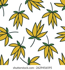 Padrão floral contínuo, impressão botânica bonito com plantas isoladas. Design de flores bonitas com botânica selvagem desenhada à mão: grandes camomilas, pequenas flores em ramos, folhas em um fundo rosa. Vetor.
