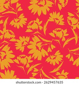 Patrón floral sin fisuras, impresión botánica linda con plantas aisladas. Diseño bonito de la flor con la botánica salvaje dibujada a mano: manzanillas Grandes, flores Pequeñas en las ramas, hojas en un fondo rosado. Vector.

