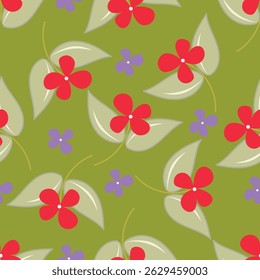 Patrón floral sin fisuras, impresión botánica linda con plantas aisladas. Diseño bonito de la flor con la botánica salvaje dibujada a mano: manzanillas Grandes, flores Pequeñas en las ramas, hojas en un fondo rosado. Vector.
