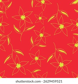 Seamless floral pattern, cute botanical print with isolated plants. Pretty flower design with hand drawn wild botany: large chamomiles, small flowers on branches, leaves on a pink background. Vector.
