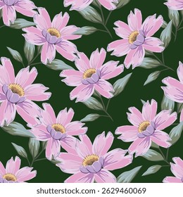 Patrón floral sin fisuras, impresión botánica linda con plantas aisladas. Diseño bonito de la flor con la botánica salvaje dibujada a mano: manzanillas Grandes, flores Pequeñas en las ramas, hojas en un fondo rosado. Vector.
