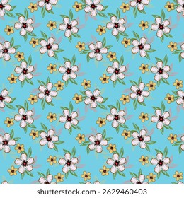 Seamless floral pattern, cute botanical print with isolated plants. Pretty flower design with hand drawn wild botany: large chamomiles, small flowers on branches, leaves on a pink background. Vector.
