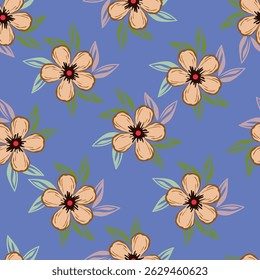 Nahtloses Blumenmuster, süßer botanischer Druck mit isolierten Pflanzen. Hübsches Blumendesign mit handgezeichneter wilder Botanik: große Kamillen, kleine Blumen auf Ästen, Blätter auf rosafarbenem Hintergrund. Vektor.
