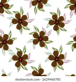 Seamless floral pattern, cute botanical print with isolated plants. Pretty flower design with hand drawn wild botany: large chamomiles, small flowers on branches, leaves on a pink background. Vector.
