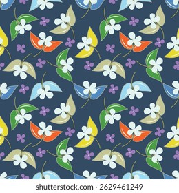 Nahtloses Blumenmuster, süßer botanischer Druck mit isolierten Pflanzen. Hübsches Blumendesign mit handgezeichneter wilder Botanik: große Kamillen, kleine Blumen auf Ästen, Blätter auf rosafarbenem Hintergrund. Vektor.
