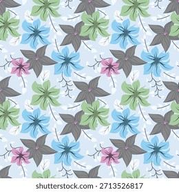 Patrón floral sin fisuras, impresión botánica linda con plantas aisladas. Diseño bonito de la flor con la botánica salvaje dibujada a mano: manzanillas Grandes, flores Pequeñas en las ramas, hojas en un fondo rosado. Vector.
