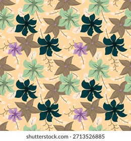 Nahtloses Blumenmuster, süßer botanischer Druck mit isolierten Pflanzen. Hübsches Blumendesign mit handgezeichneter wilder Botanik: große Kamillen, kleine Blumen auf Ästen, Blätter auf rosafarbenem Hintergrund. Vektor.
