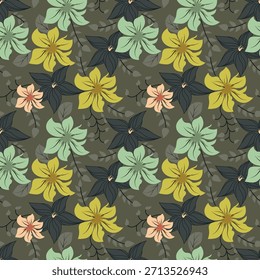 Nahtloses Blumenmuster, süßer botanischer Druck mit isolierten Pflanzen. Hübsches Blumendesign mit handgezeichneter wilder Botanik: große Kamillen, kleine Blumen auf Ästen, Blätter auf rosafarbenem Hintergrund. Vektor.
