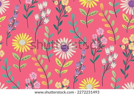 Seamless floral pattern, cute botanical print with isolated plants. Pretty flower design with hand drawn wild botany: large chamomiles, small flowers on branches, leaves on a pink background. Vector.