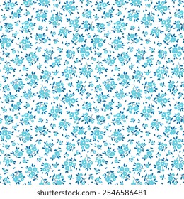Seamless floral pattern. Cute bouquet of small light blue flowers and dark blue leaves. Abstract flowers on white background in trendy fashion vintage style. Stock vector for prints on surface.