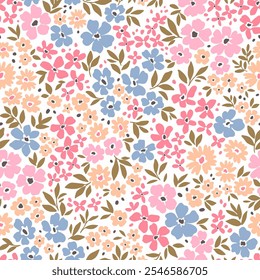 Seamless floral pattern. Cute bouquet of small pastel blue, coral and rose pink flowers and green leaves. Light flowers on white background in trendy fashion vintage style. Stock vector.