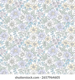 Seamless floral pattern. Cute bouquet of small light pastel color flowers. Light flowers on white background in trendy fashion vintage liberty style. Stock vector for prints on surface.