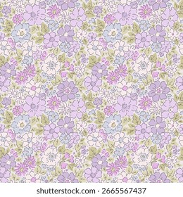 Nahtloses Blumenmuster. Nettes Bouquet von kleinen hellen Pastellfarben lila Farbe Blumen. Helle Blumen auf grauem Hintergrund im trendigen Mode-Vintage-Liberty-Stil. Stock-Vektor für Drucke auf der Oberfläche. Ditsy top
