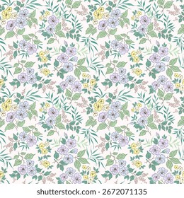 Seamless floral pattern. Cute bouquet of small  pastel lilac and yellow flowers. Light flowers on white background in trendy fashion vintage liberty style. Stock vector for prints on surface. Ditsy 