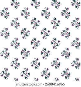 Seamless floral pattern of cute branches with berries, flowers and buds on a white background in vector. Beautiful print for fabric in folk style.