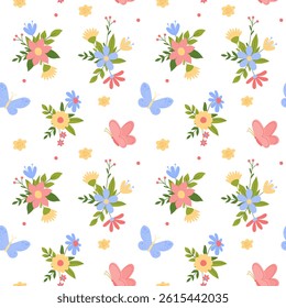 Seamless floral pattern with cute butterflies and colorful spring flowers. Bright decorative design for textiles wallpapers  wrapping paper and kids products. Vector flat style.