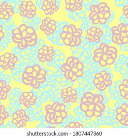 Seamless floral pattern with cute cartoon color flowers, doodle original vector drawing