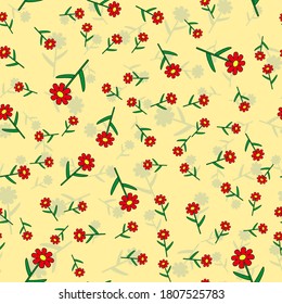 Seamless floral pattern with cute cartoon color flowers, doodle original vector drawing
