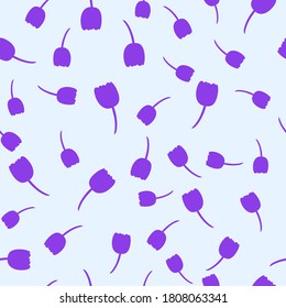 Seamless floral pattern with cute cartoon color tulip flowers, doodle original vector drawing