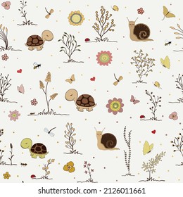 Seamless floral pattern with cute cartoon turtles and snails on white background