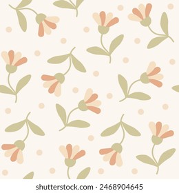 Patrón floral sin costuras lindo dibujo animado flor y punto. Motivos esparcidos al azar. Ramas de flores. Impresión de primavera o verano para la tela, envoltura, textil, Fondo de pantalla, tarjeta, regalo de papel, caja del teléfono, papelería