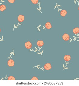 Patrón floral sin costuras con tulipán de dibujos animados lindo. Motivos esparcidos al azar. Ramas de flores. Impresión de primavera o verano para tela, envoltura, textil, Fondo de pantalla, tarjeta, regalo de papel, caja del teléfono, papelería.