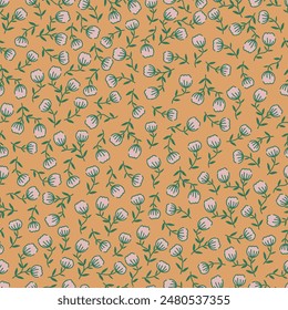 Patrón floral sin costuras con tulipán de dibujos animados lindo. Motivos esparcidos al azar. Ramas de flores. Impresión de primavera o verano para tela, envoltura, textil, Fondo de pantalla, tarjeta, regalo de papel, caja del teléfono, papelería.