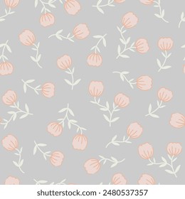 Patrón floral sin costuras con tulipán de dibujos animados lindo. Motivos esparcidos al azar. Ramas de flores. Impresión de primavera o verano para tela, envoltura, textil, Fondo de pantalla, tarjeta, regalo de papel, caja del teléfono, papelería.