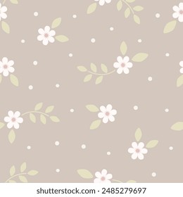 Patrón floral sin costuras flores de dibujos animados lindas. Motivos esparcidos al azar. Deja ramas. Impresión de primavera o verano para tela, envoltura, textil, Fondo de pantalla, tarjeta, regalo de papel, caja del teléfono, papelería.