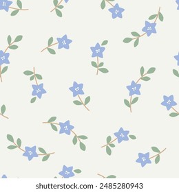 Seamless floral pattern with cute cartoon flowers. Motifs scattered random. Leaves branches. Spring or summer print for fabric, wrapping, textile, wallpaper, card, paper gift, phone case, stationery.