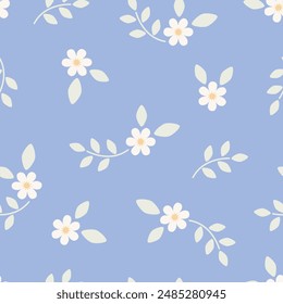 Patrón floral sin costuras con flores de dibujos animados lindos. Motivos esparcidos al azar. Deja ramas. Impresión de primavera o verano para tela, envoltura, textil, Fondo de pantalla, tarjeta, regalo de papel, caja del teléfono, papelería.