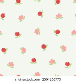 Seamless floral pattern with cute cartoon flower and leaves. Natural farmhouse style. Spring or summer print for fabric, wrapping, textile, wallpaper, card, paper gift, phone case, stationery.