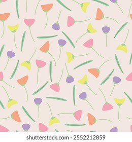 Seamless floral pattern. Cute cartoon poppy flowers. Motifs scattered random. Leaves branches. Spring or summer print for fabric, wrapping, textile, wallpaper, card, paper gift, phone case, stationery