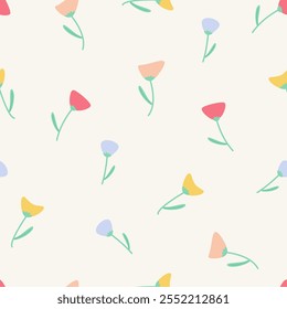 Seamless floral pattern. Cute cartoon poppy flowers. Motifs scattered random. Leaves branches. Spring or summer print for fabric, wrapping, textile, wallpaper, card, paper gift, phone case, stationery