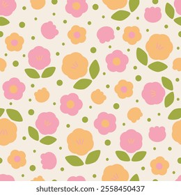 Seamless floral pattern. Cute cartoon flower, leaves and dots. Natural farmhouse style. Spring or summer print for fabric, wrapping, textile, wallpaper, card, paper gift, phone case, stationery.