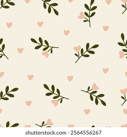 Seamless floral pattern. Cute cartoon flower, leaves and heart. Natural farmhouse style. Spring or summer print for fabric, wrapping, textile, wallpaper, card, paper gift, phone case, stationery.