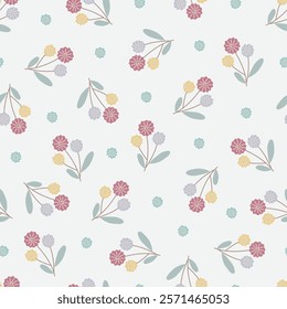 Seamless floral pattern with cute cartoon flower. Motifs scattered random. Flower branches. Spring or summer print for fabric, wrapping, textile, wallpaper, card, paper gift, phone case, stationery.