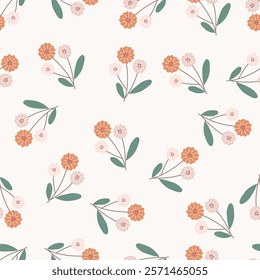 Seamless floral pattern with cute cartoon flower. Motifs scattered random. Flower branches. Spring or summer print for fabric, wrapping, textile, wallpaper, card, paper gift, phone case, stationery.