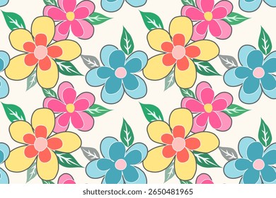 Seamless floral pattern. Cute cartoon flower pattern. Pastel Joy Floral Pop.Floral pattern in soft yellow, pink, and sky blue tones with a cream background. Perfect for kids’ fabrics, wrapping paper, 
