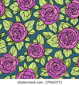 Seamless floral pattern with cute cartoon stile roses. 