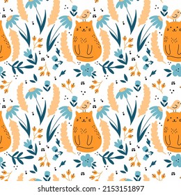 Seamless floral pattern. Cute cat with bird on his head. Spring garden. Background for sewing clothes and printing on fabric. Summer wrapping paper.