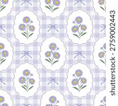 Seamless floral pattern with cute coquette purple aster, swan river daisy flowers in scalloped frames on gingham check background, cottagecore vector for fabric, wallpaper, card, textile.