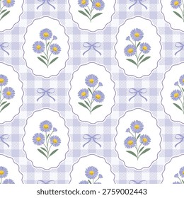 Seamless floral pattern with cute coquette purple swan river daisy flowers in scalloped frames on gingham check background, cottagecore vector for fabric, wallpaper, card, textile.